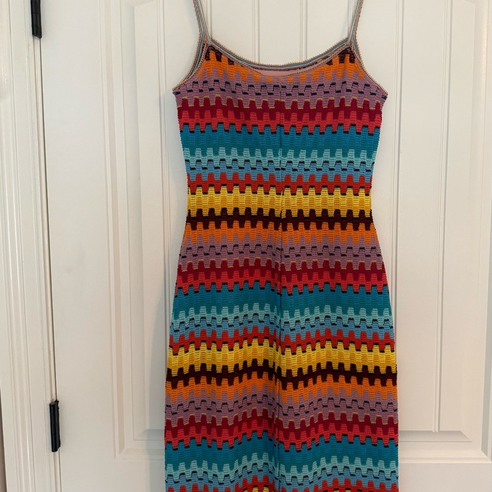 Vintage 90’s Medium Rainbow Crochet Knit Dress Y2K Boho Body Con Festival Indie